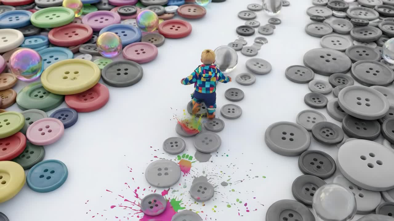 Bambino che cammina su bottoni creando schizzi di vernice colorati