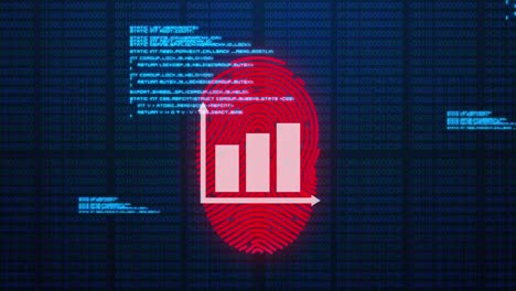 Animation-of-bar-graph-icon-over-biometric-print-scanner-and-data-processing-on-blue-background