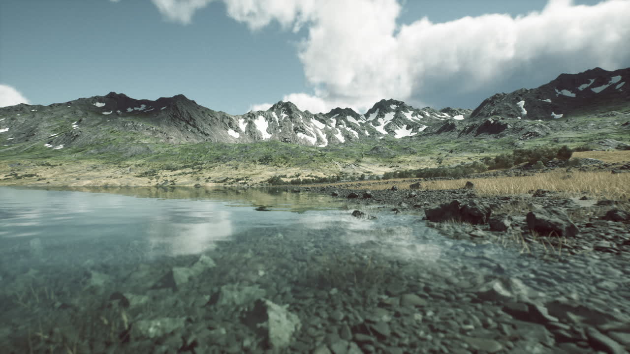 Scenic view of a tranquil lake surrounded by mountains on a sunny day