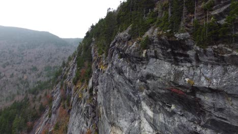 rocky slope of massive mountain with forest bellow during snowfall, aerial view