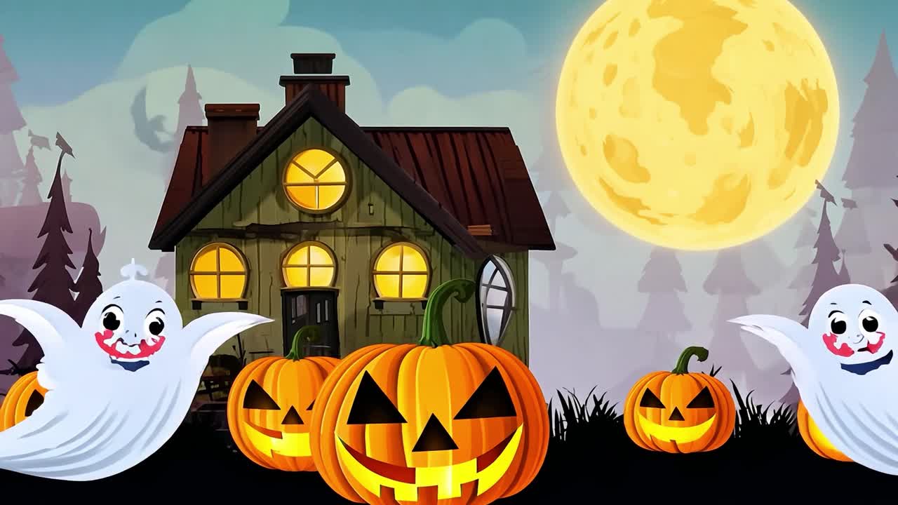 Casa di Halloween con zucche intagliate e un fantasma