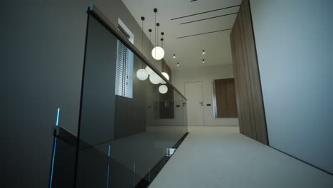 modern hallway with pendant lighting and wood paneling