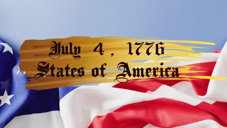 animation of american independence date text over waving american flag and blue sky