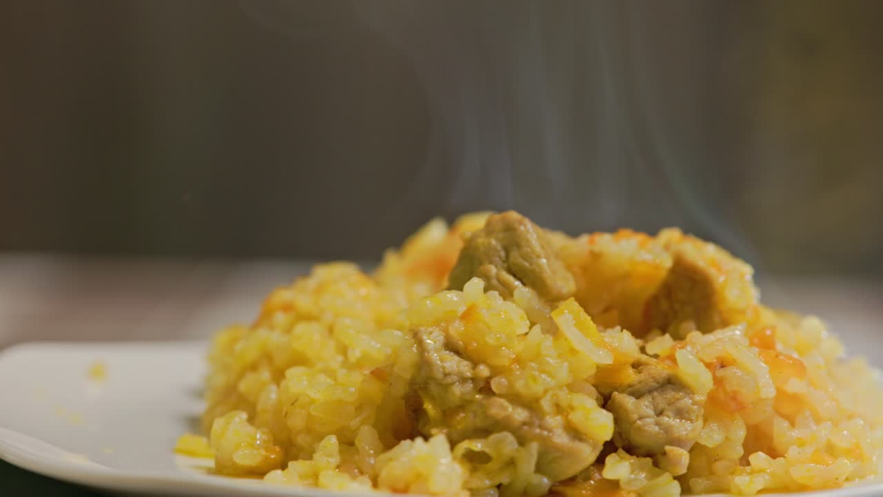 plato de pilaf caliente, pilau, pilaw o pilaf con carne de pavo girando en el plato