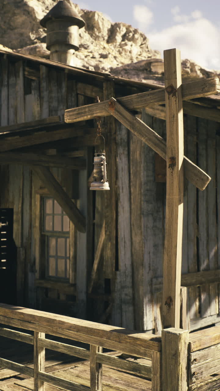 Wooden building on a raised platform surrounded by rocky landscape