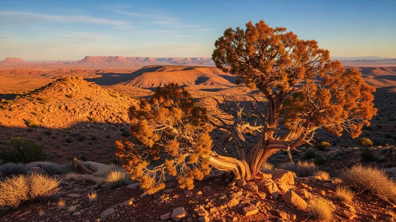 Majestic Desert Landscape with a Resilient Tree Against a Dramatic Sunset Horizon, Showcasing Nature's Beauty and Serenity in a Remote Location
