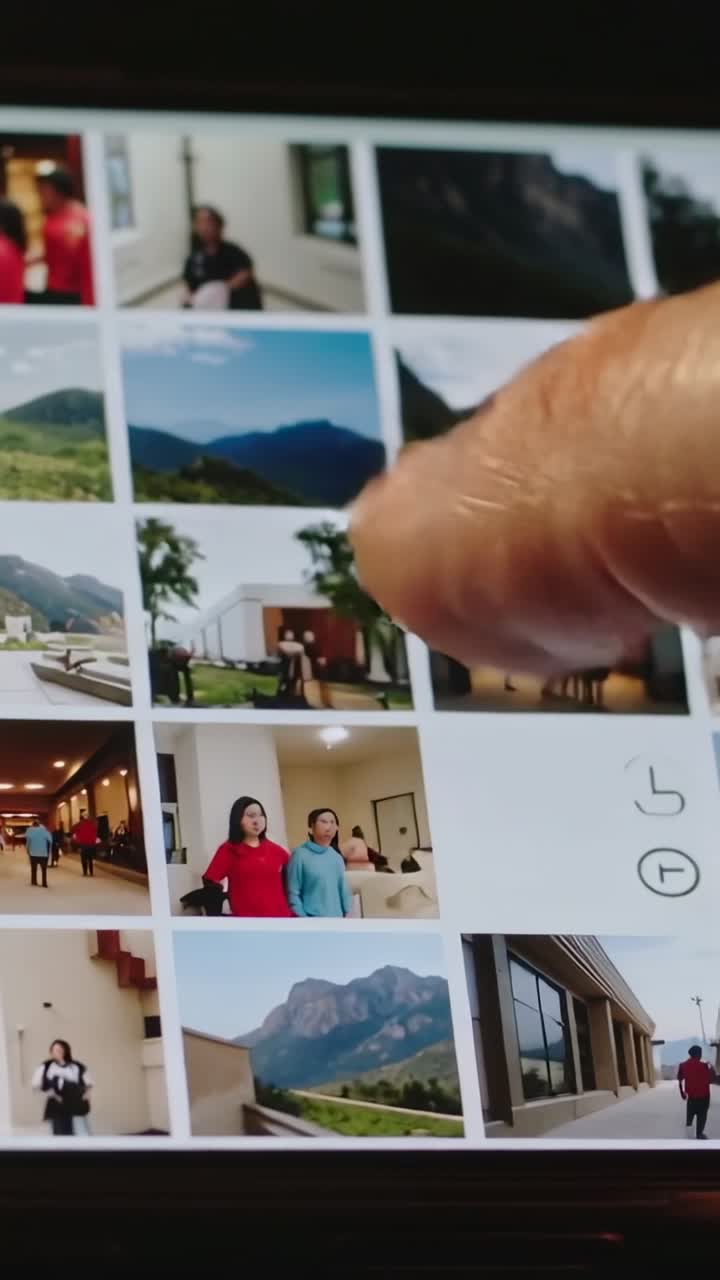 Vertikal video: En finger nærmer seg og sveiper gjennom et bildegalleri på en telefon hjemme, og blar gjennom landskapsbilder og bilder av mennesker.
