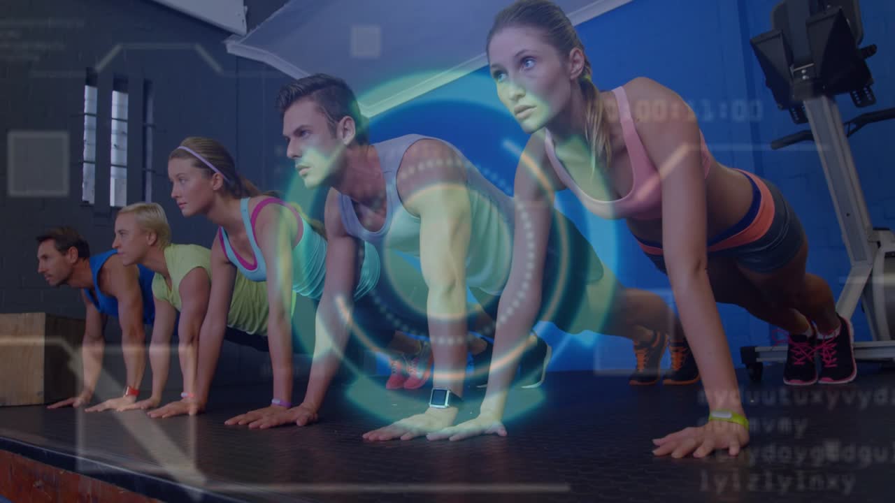 Fitness group holding plank on gym floor, timer starting while HUD pulsing, tracking endurance