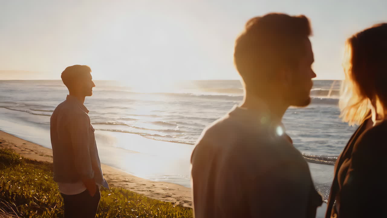 해변에서 해가 지는 친구들