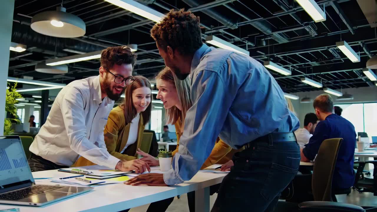 A dynamic video captures a group of professionals collaborating in a modern office