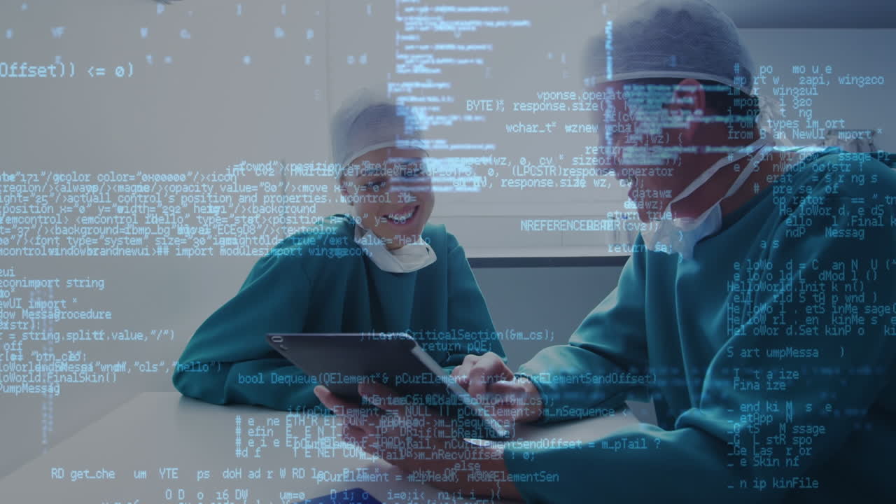 animación del procesamiento de datos sobre cirujanos caucásicos masculinos y femeninos que usan tablets