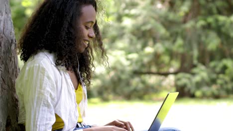 Schwarze-Frau-Benutzt-Laptop-Im-Park