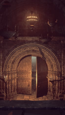 mystical ancient hall with an open doorway revealing enchanting light