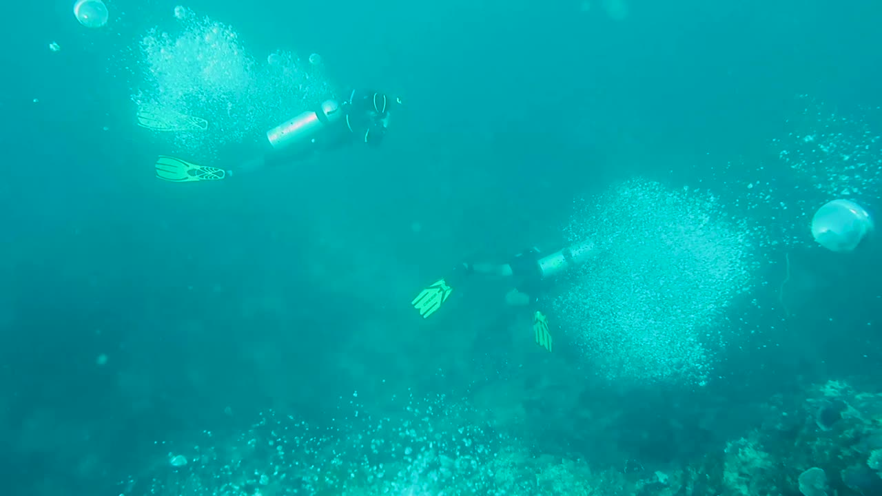 las burbujas de aire de los buzos se elevan desde el fondo del océano