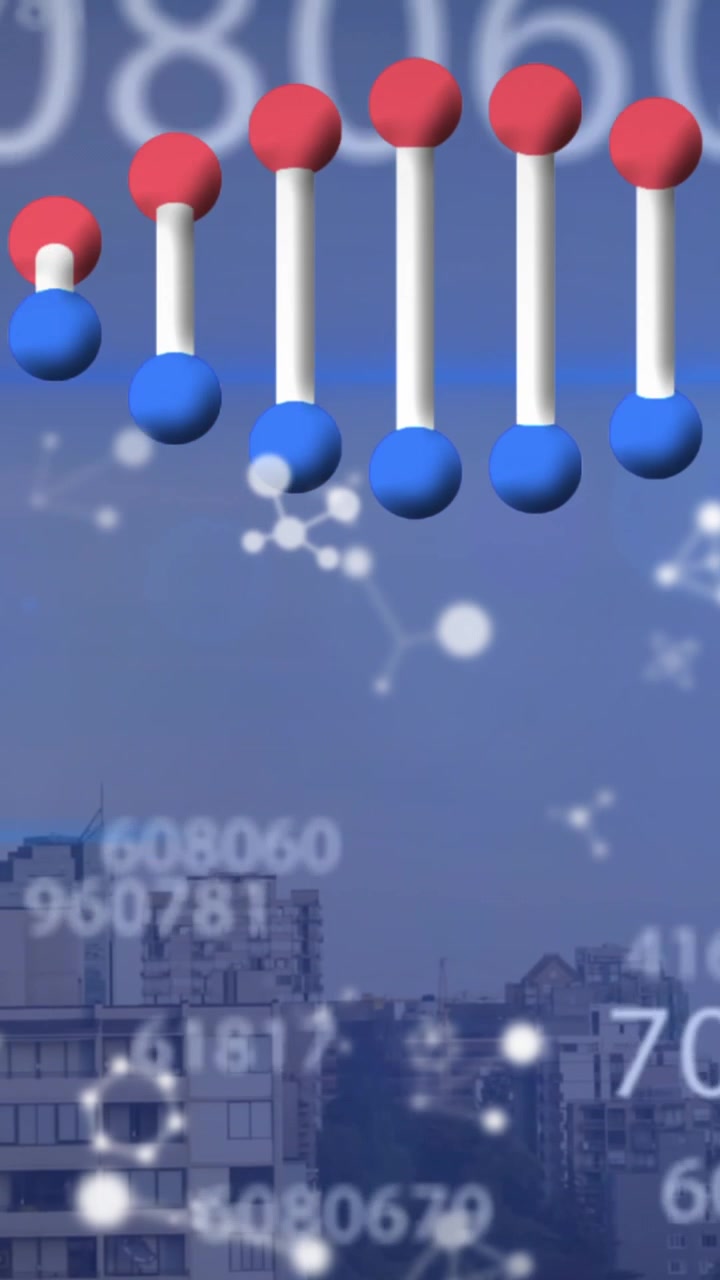 Animation of dna helix rotating with molecular structures and changing numbers over buildings