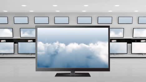 Flat-screen-televisions-on-display-with-sky-on-their-screen