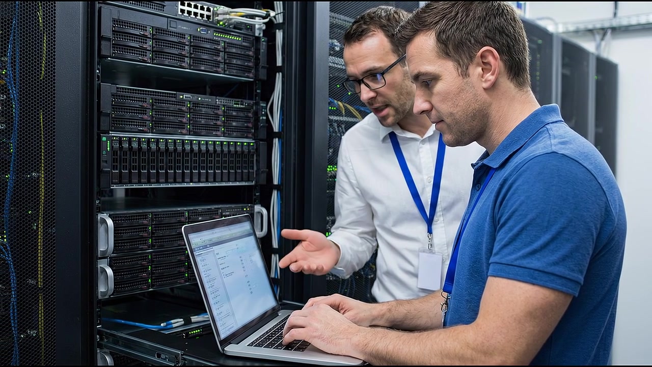 Information technology specialists managing server infrastructure and monitoring network systems in data center