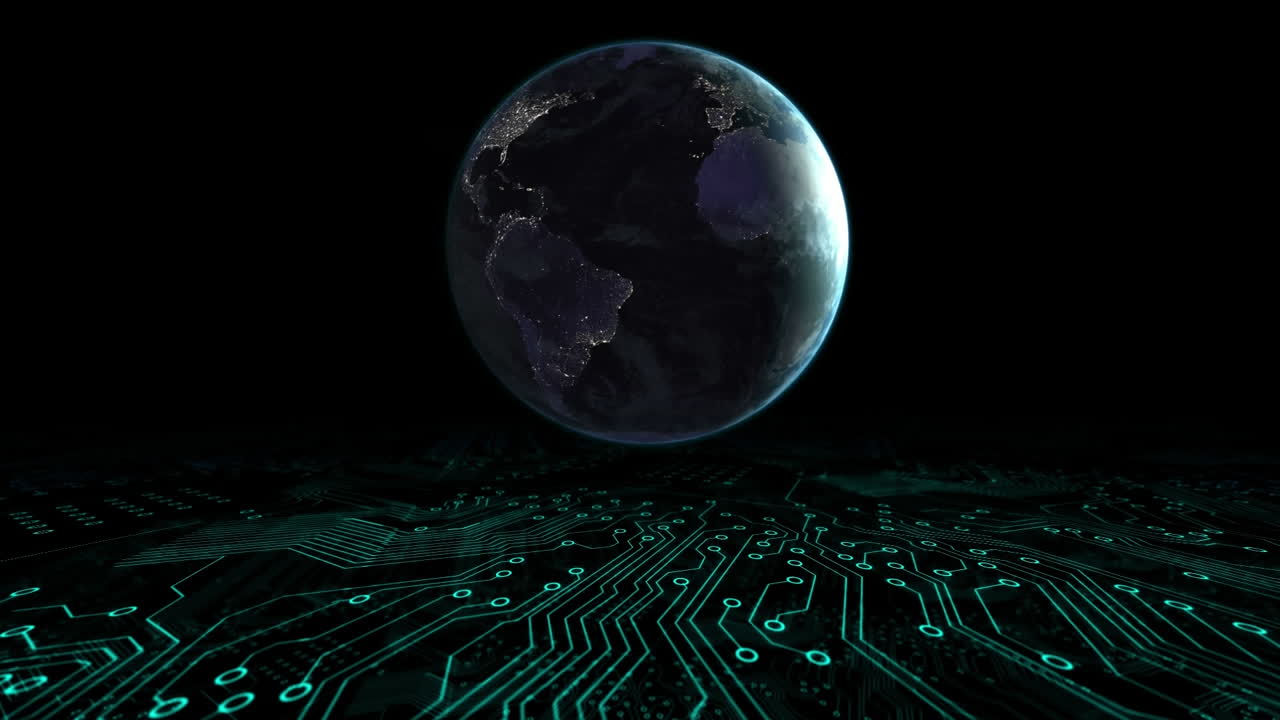 Animation of globe spinning data processing with computer processor