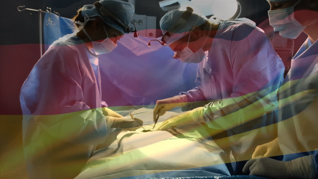 수술실에서 외과 의사 들 위 에 흔들리는 독일 국기 의 애니메이션
