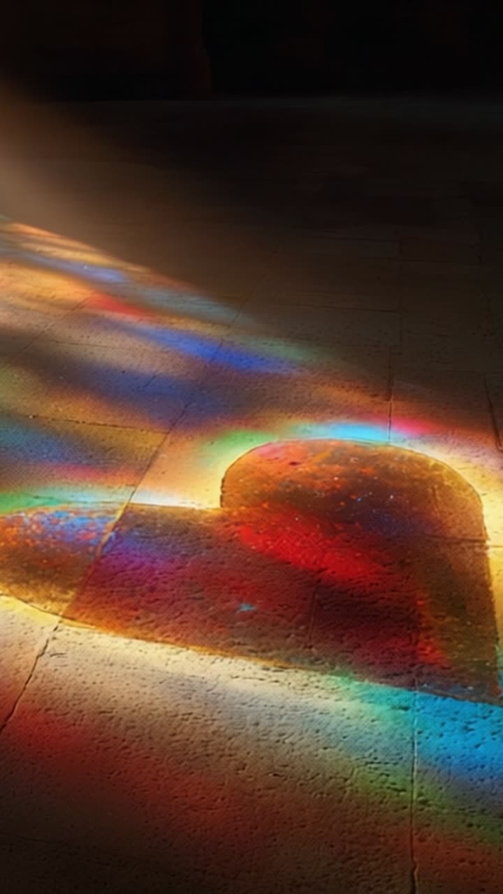 Una spettacolare esposizione di luce colorata che crea una forma di cuore sul terreno, catturando la bellezza degli arcobaleni riflessi in un momento artistico unico.