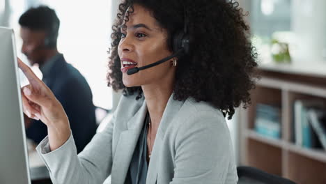 happy woman, call center and face with headphones