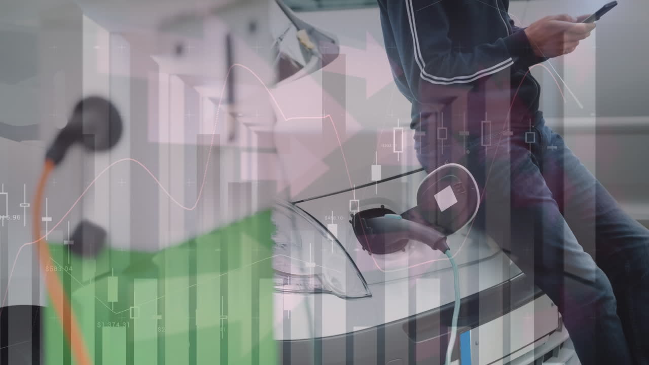 자동차를 충전하는 사람 위의 데이터 처리의 애니메이션