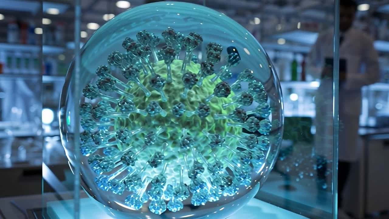 Science display showcases a virus model in a research laboratory