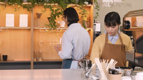 concentrated waitress cleaning countertop while her colleague organizing glasses behind her