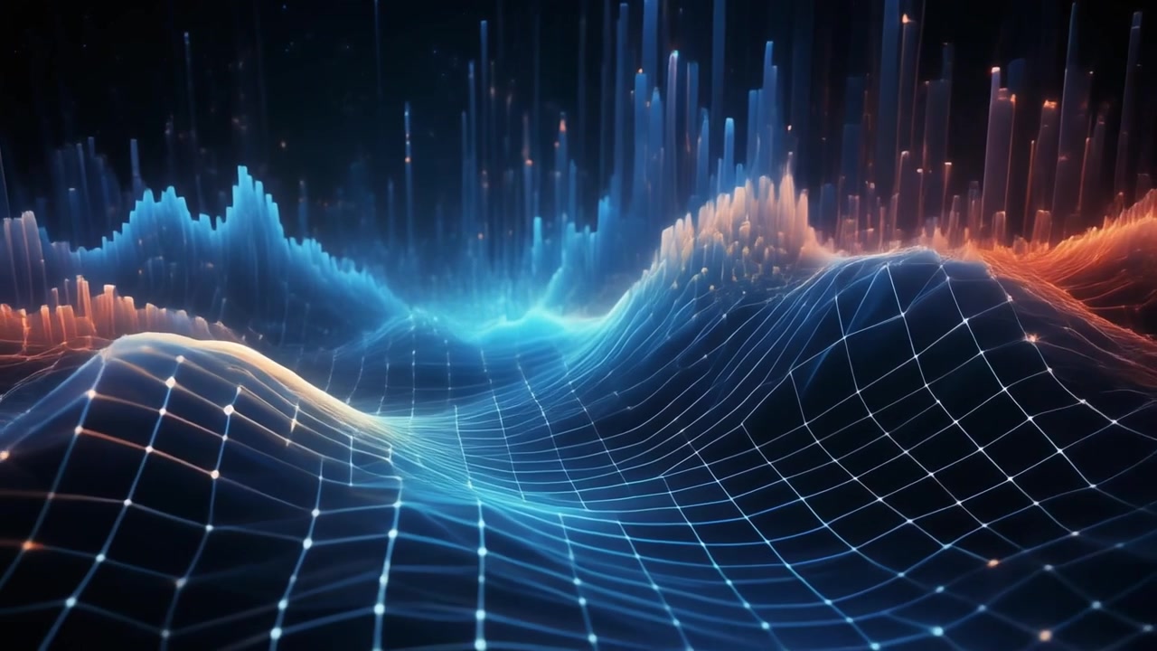 Abstract Digital Landscape with Glowing Data Waves and Vertical Bars