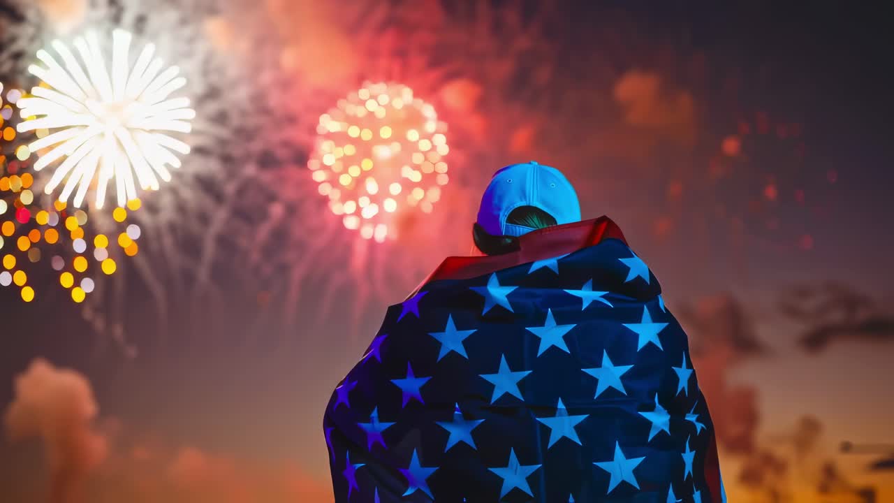 Patriotic individual standing with waving American flag, watching colorful fireworks illuminating night sky during national holiday celebration