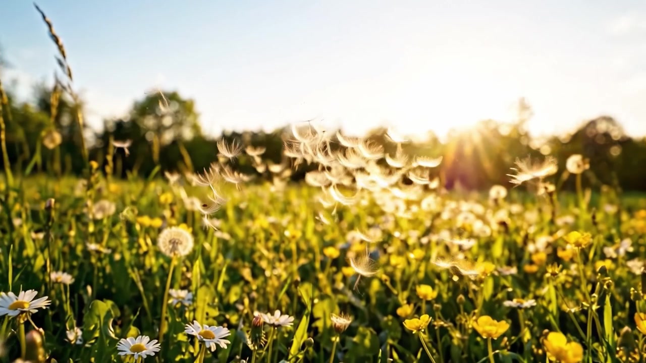 En vakker eng ved solnedgang: Fengslende villblomster i full blomst under en varm gyllen himmel med dansende løvetannfrø som svever elegant i brisen