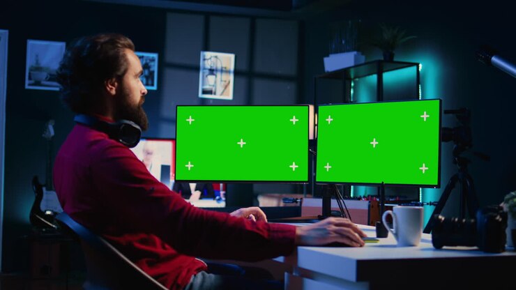 Fotografo che utilizza software di fotoritocco su una configurazione multi-monitor mockup per migliorare la qualità delle immagini.