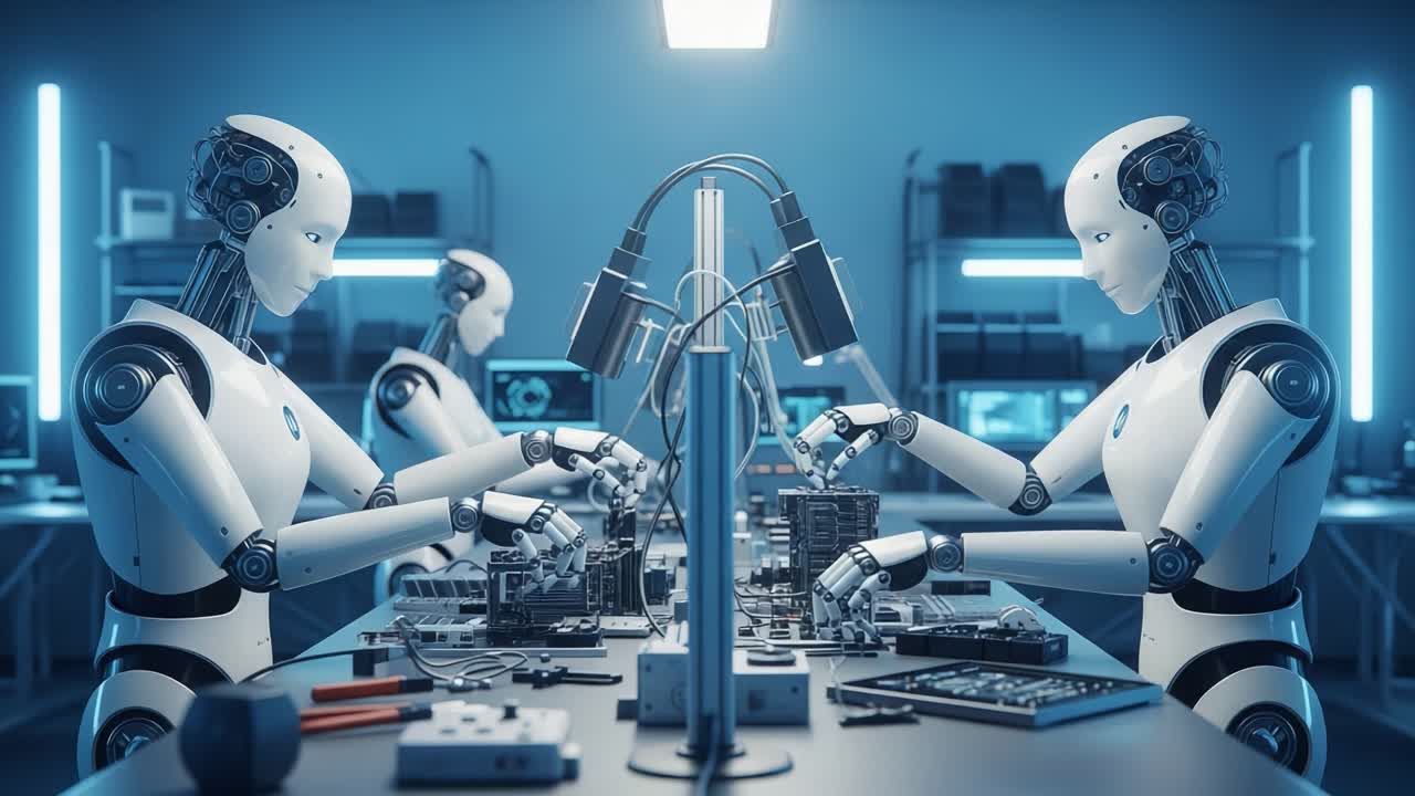 Advanced Robots Working Diligently on Circuit Boards in a Futuristic Laboratory, Highlighting Their Precision and Efficiency in Electronics Assembly.