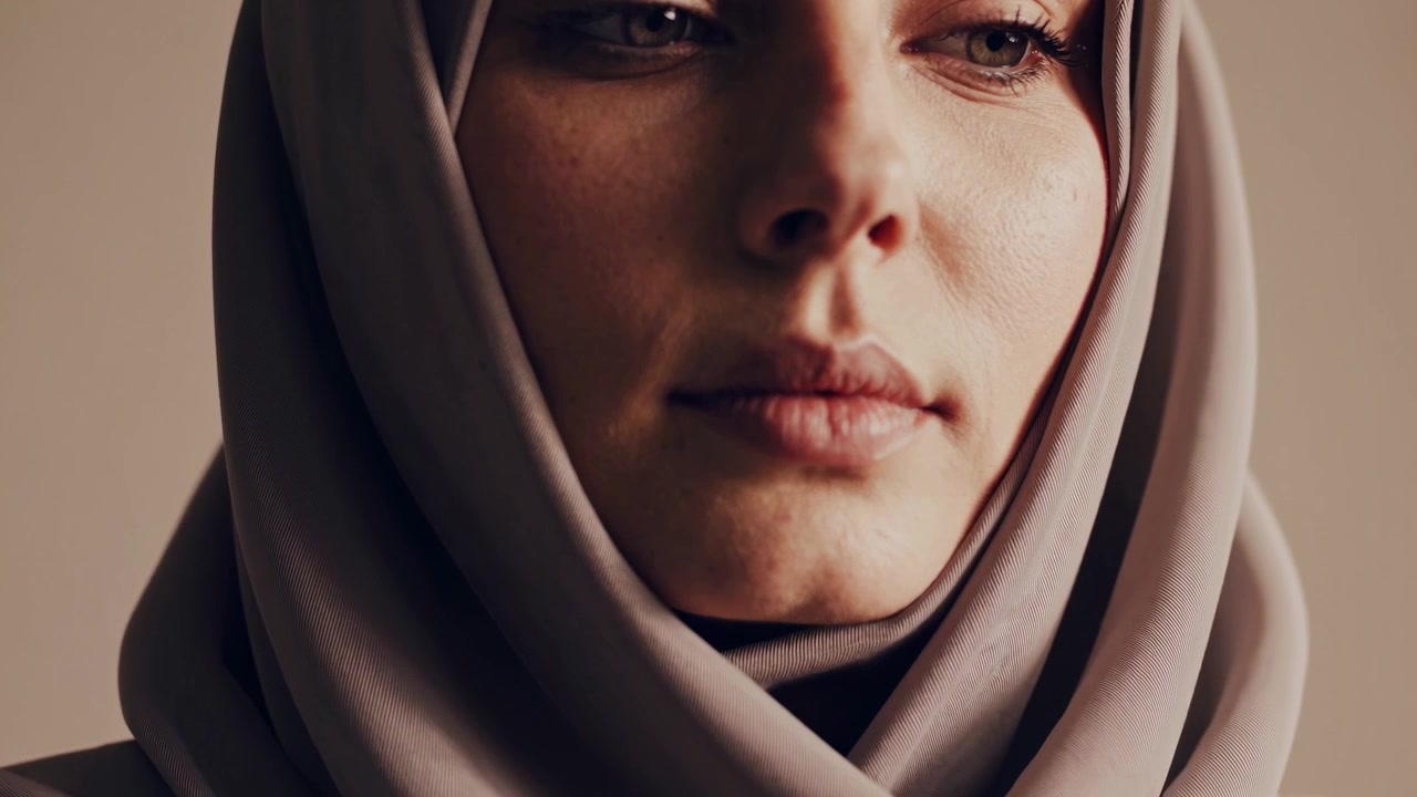 Ritratto ravvicinato di una donna musulmana pensierosa che indossa un hijab