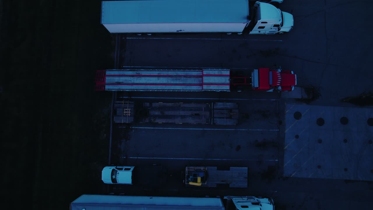 Top-Down Drone View of Semi-Trucks Parked at a Truck Stop at Night. Near Minneapolis, Minnesota, USA