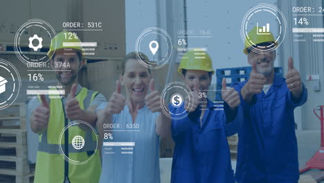 animación del procesamiento de datos sobre diversos supervisores y trabajadores que muestran los pulgares hacia arriba en el almacén