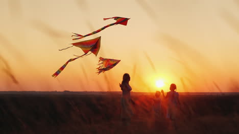 Aktive-Gesunde-Frau-Mittleren-Alters-Spielt-Mit-Zwei-Kinderdrachen-Bei-Sonnenuntergang-Sommerferienkonzept