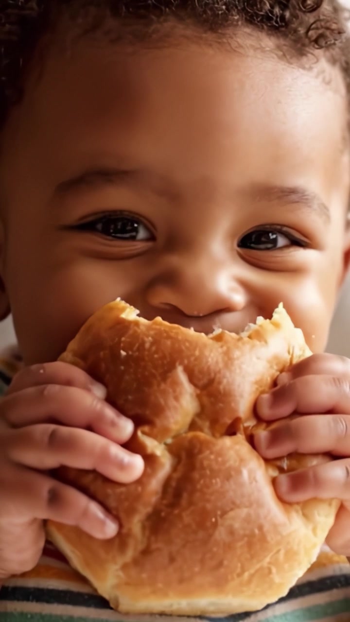 Joyful Baby Relishing a Soft Bread Roll with Delightful Smile and Cheerful Expression, Captured in Close-Up Frames Illustrating Pure Happiness and Innocence
