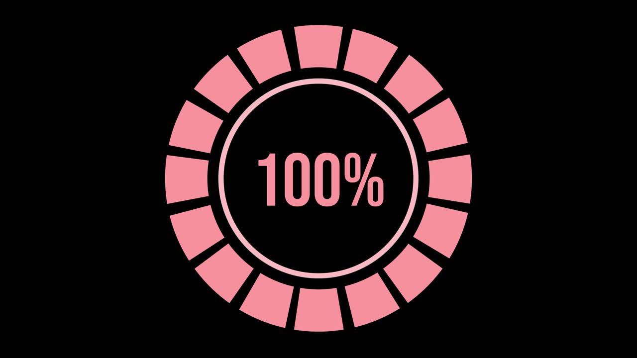 Circular progress bars increment from 16% to 100% with smooth transitions and vibrant colors against a black background
