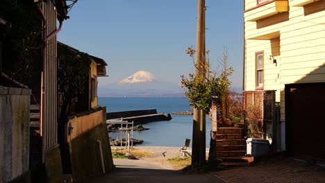 calm and relaxing scenery inside small seaside town in japan with mt