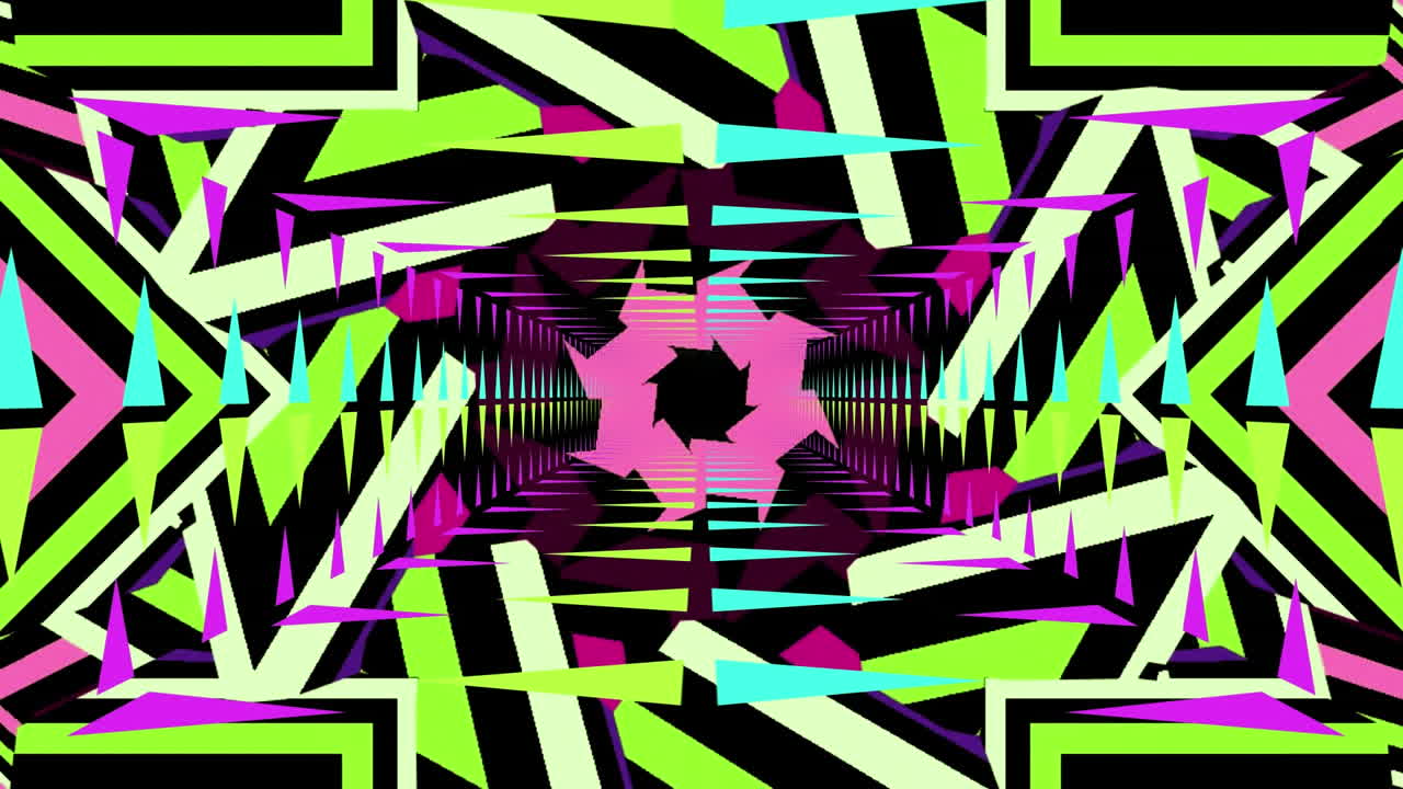 animación de formas caleidoscópicas en movimiento brillantes sobre un fondo negro