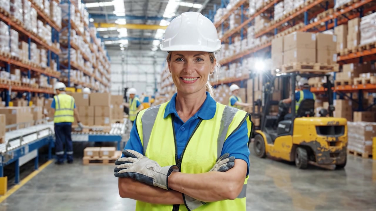 Lavoratore di magazzino dedicato con equipaggiamento di sicurezza che supervisiona le operazioni con fiducia e professionalità, gestendo la logistica e garantendo l'efficienza in un ambiente di stoccaggio affollato
