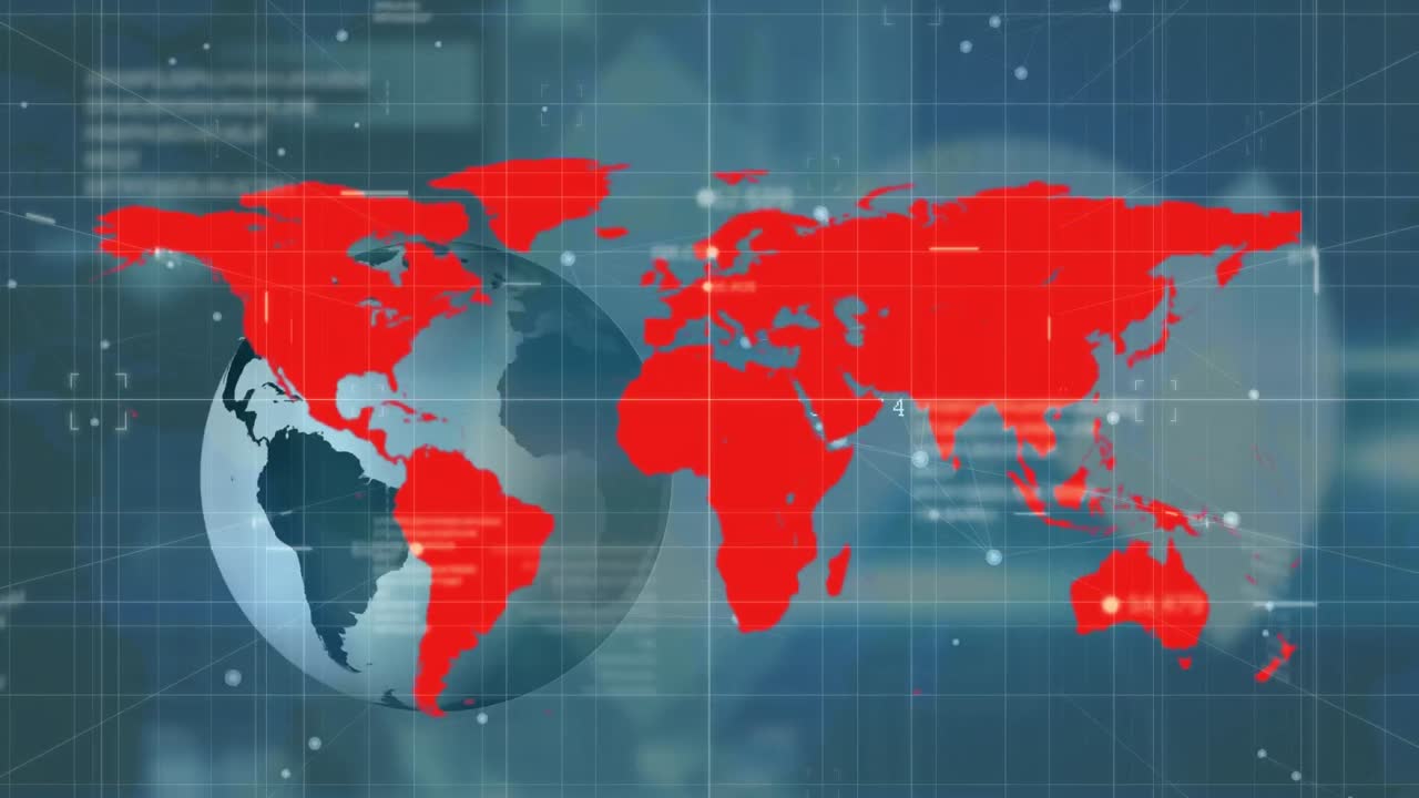 animación del procesamiento de datos y el mapa del mundo sobre fondo azul