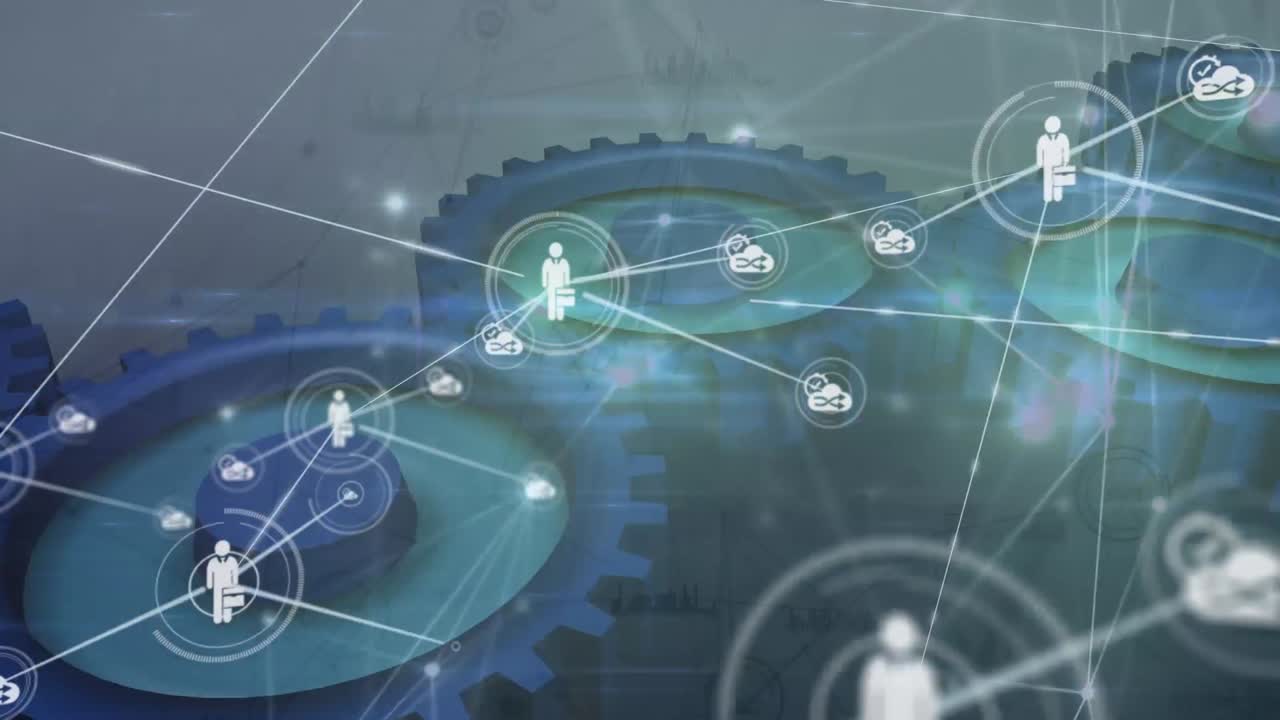 animación de la red de conexiones con íconos y engranajes sobre fondo negro