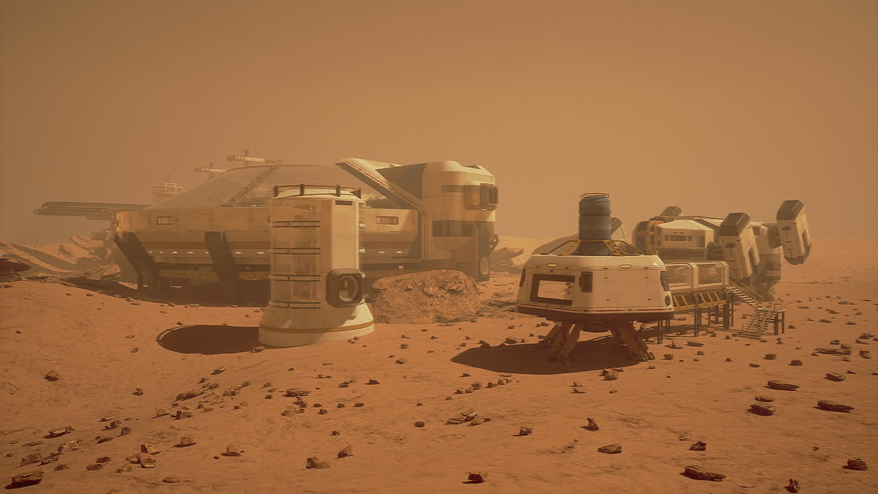 Mars research station with futuristic habitats and equipment under dusty skies