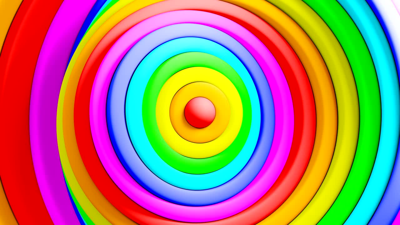 hermosos colores abstractos del arco iris círculos ondeando fondo sin costuras. animación en bucle 3d de anillos coloridos girando patrón. concepto de arte.