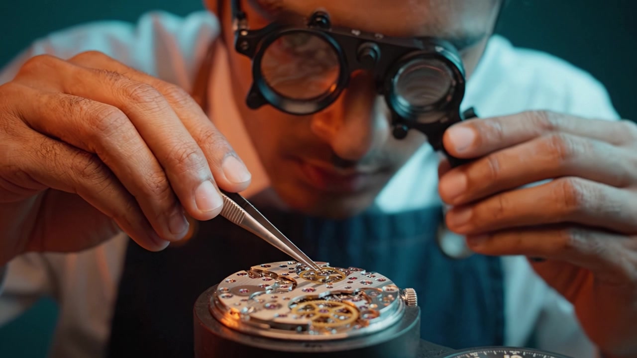 An Expert Watchmaker Delicately Assembles a Fine Mechanical Timepiece Under Magnification, Showcasing Intricate Details and the Art of Horology