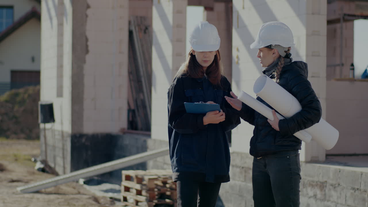 Young female supervisor and building contractor discussing over clipboard while standing at construction site
