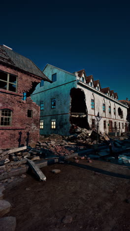 a destroyed city street at night