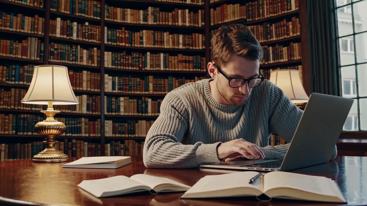 estudiante que trabaja en una biblioteca